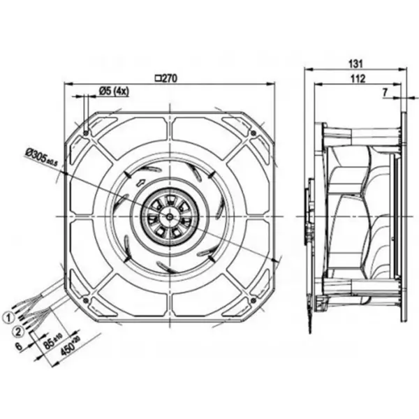 Ebmpapst k3g225-re07-03 230VAC 270x270x131mm 170W 1.4A 705m3/h Roulement à billes IP54 EC Ventilateur centrifuge