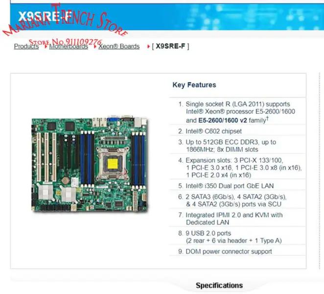 X9sre-f pour carte mère Supermicro Lga2011 E5-2600/1600 V1/v2 Family Ddr3 3 Pci-x 133/100