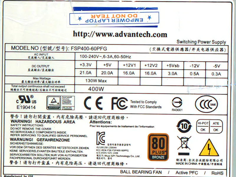 Advantech FSP400-60PFG PS8-400ATX-ZE Bloc d'alimentation