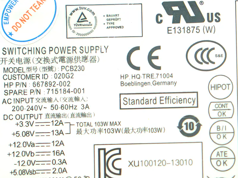 Alimentation HP D13-180P1A PCE018