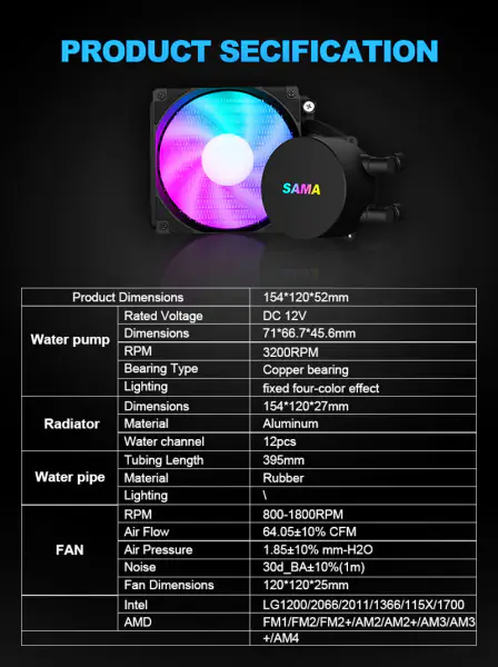 Sama 120mm Liquid Cpu Coolers Cpu Liquid Cooler Water Cooler Cpu For Pc Gaming Case