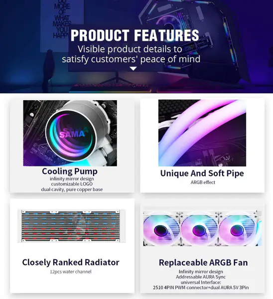 Sama Custom Argb Pipes 240 Rainbow Addressable Rgb Aio Cpu Liquid Cooling Fan Radiator Block Kit System